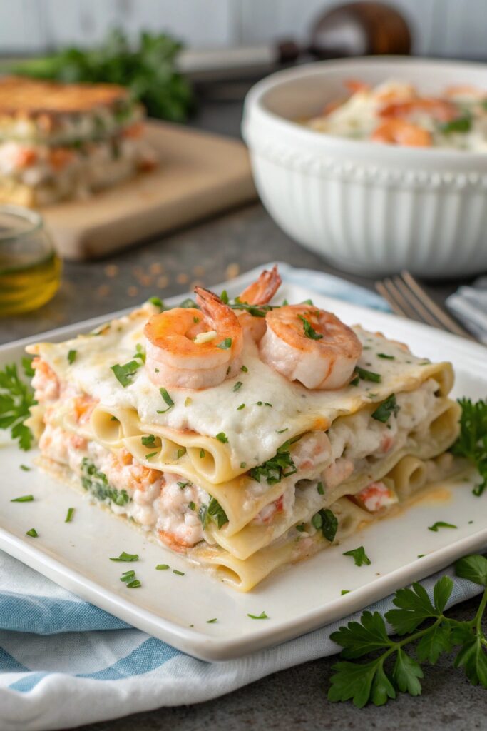 seafood lasagna with rich flavors