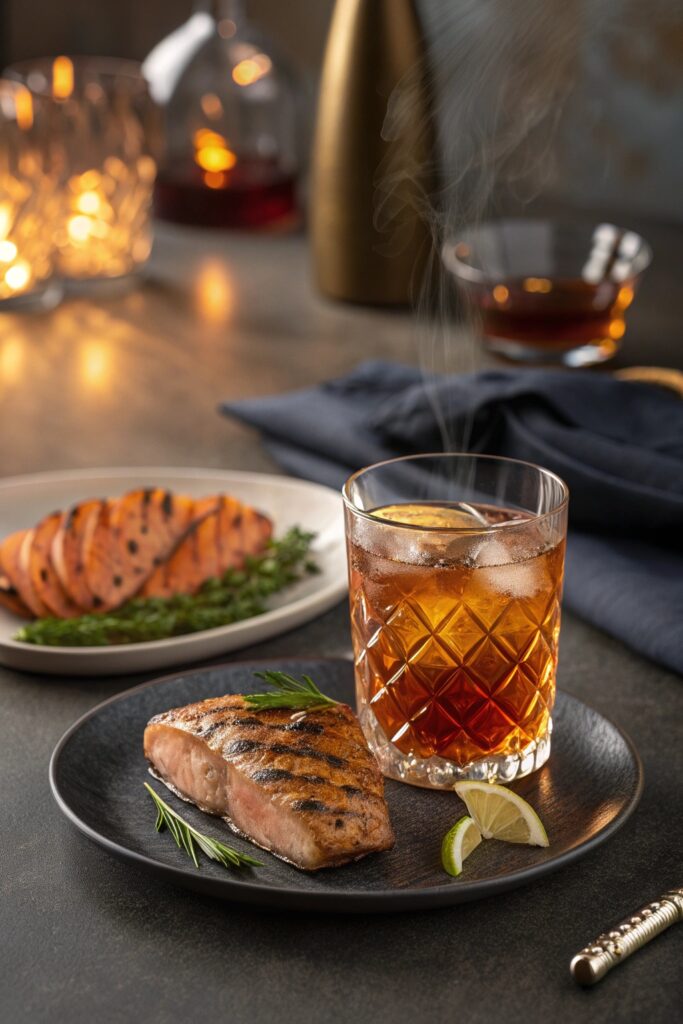 smoky cocktail and salmon