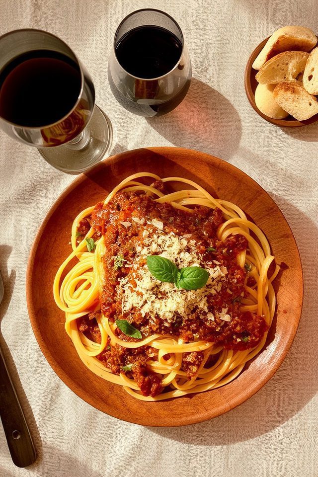 spaghetti bolognese with chianti
