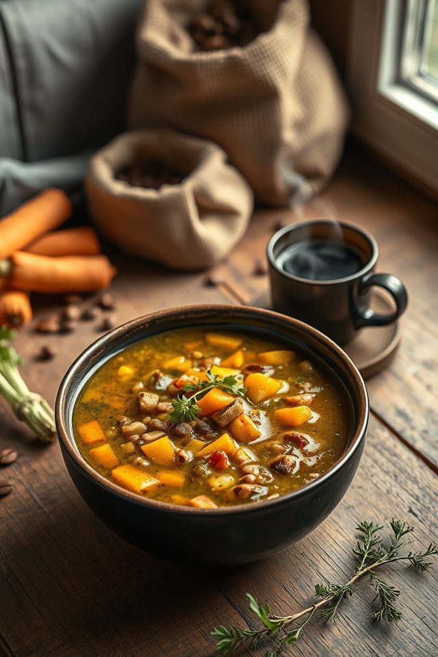 coffee infused vegetable barley soup