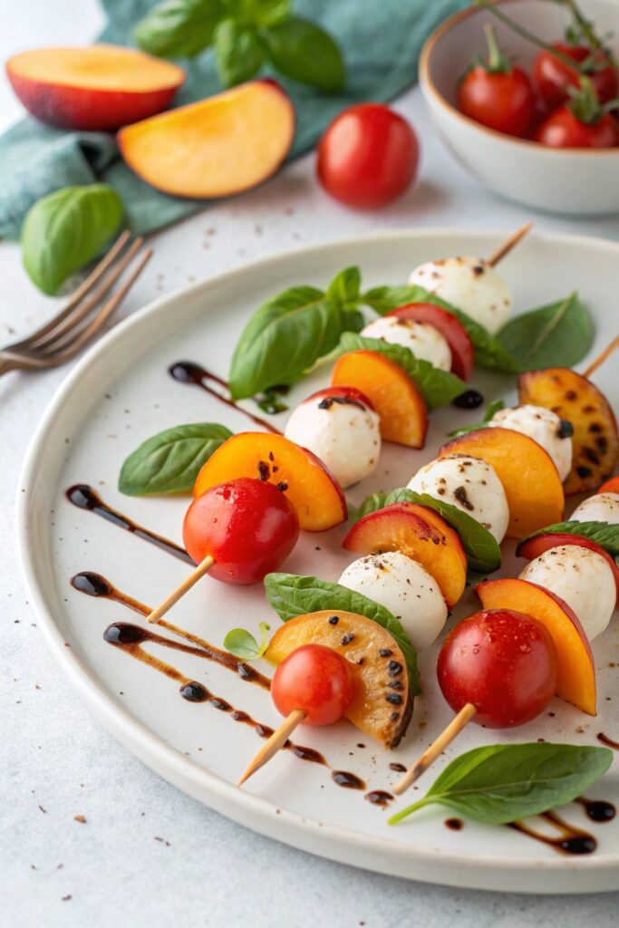 peach basil caprese skewers
