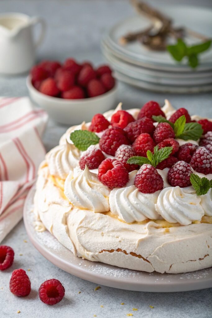 crisp meringue with raspberries