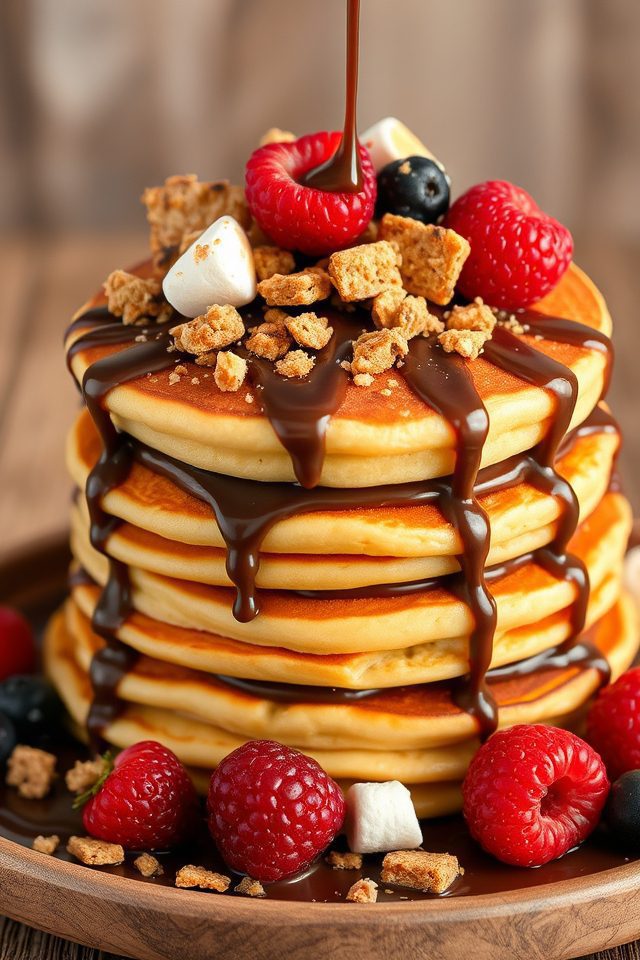 s mores flavored pancake stack