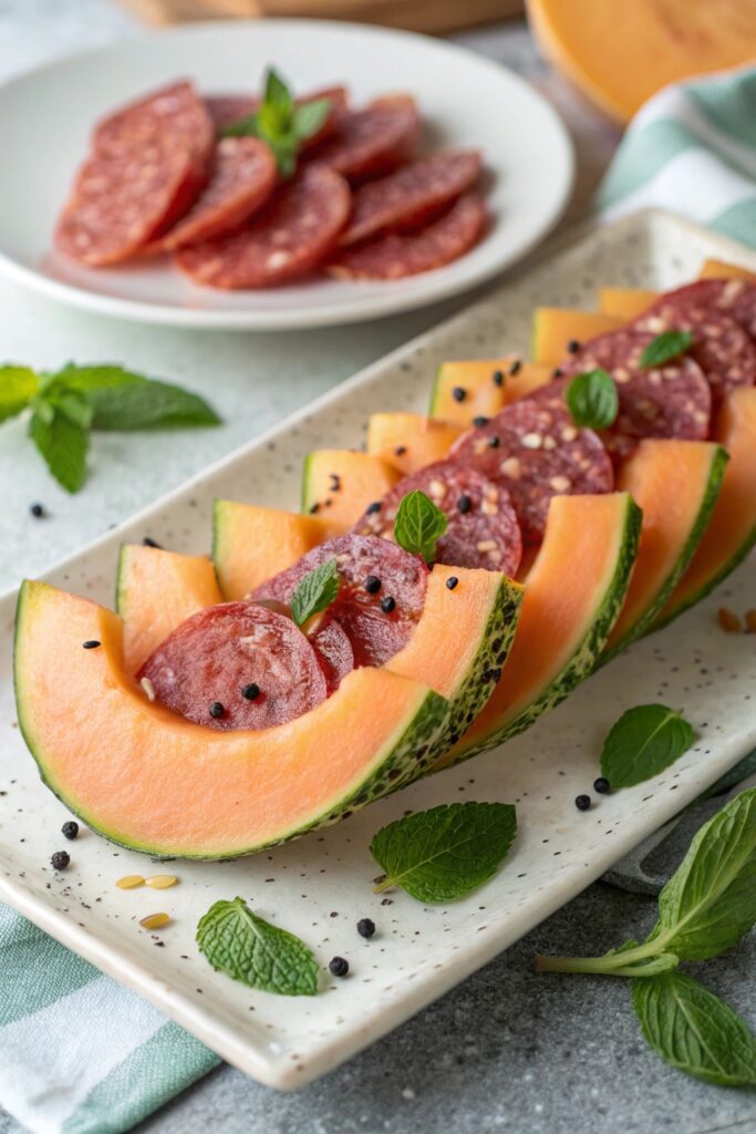 savory melon salami bites