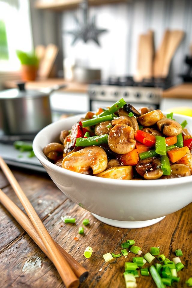 vibrant mushroom snow pea stir fry