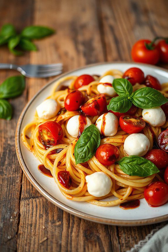 caprese pasta with balsamic glaze