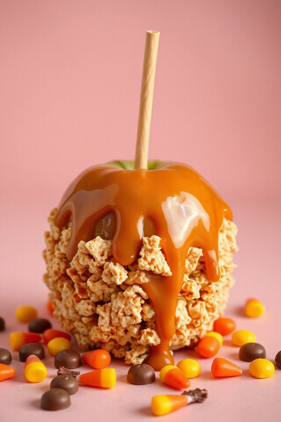 caramel coated rice crispy apples