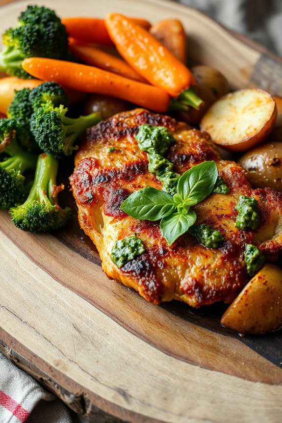 pesto topped fried steak