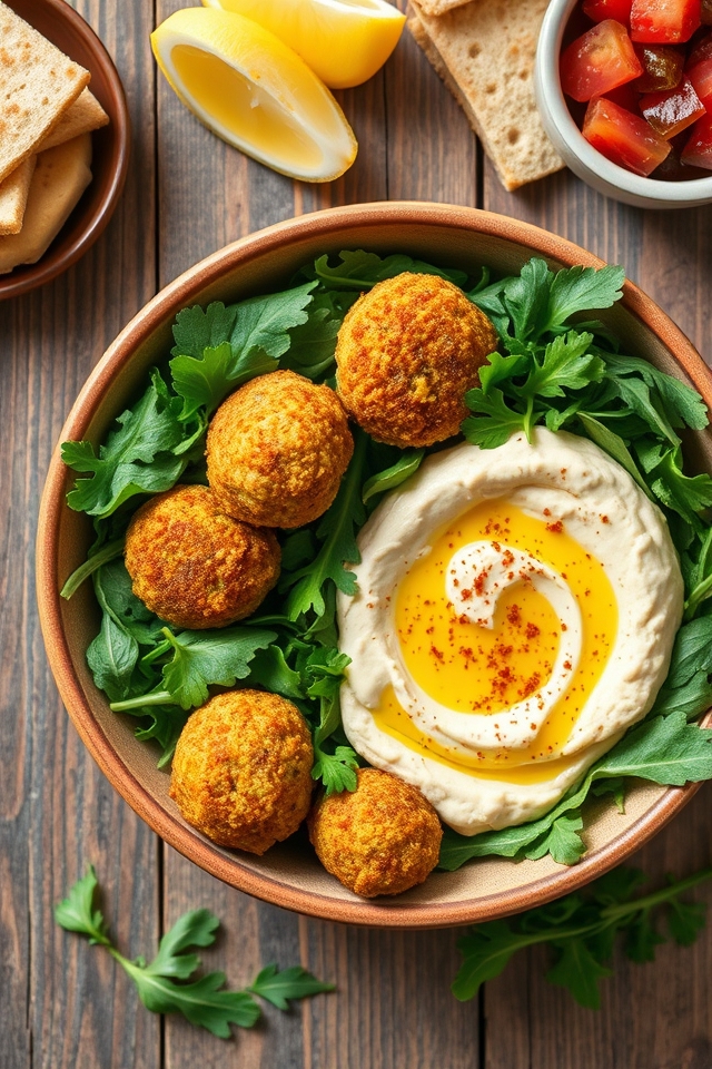 baked falafel hummus greens