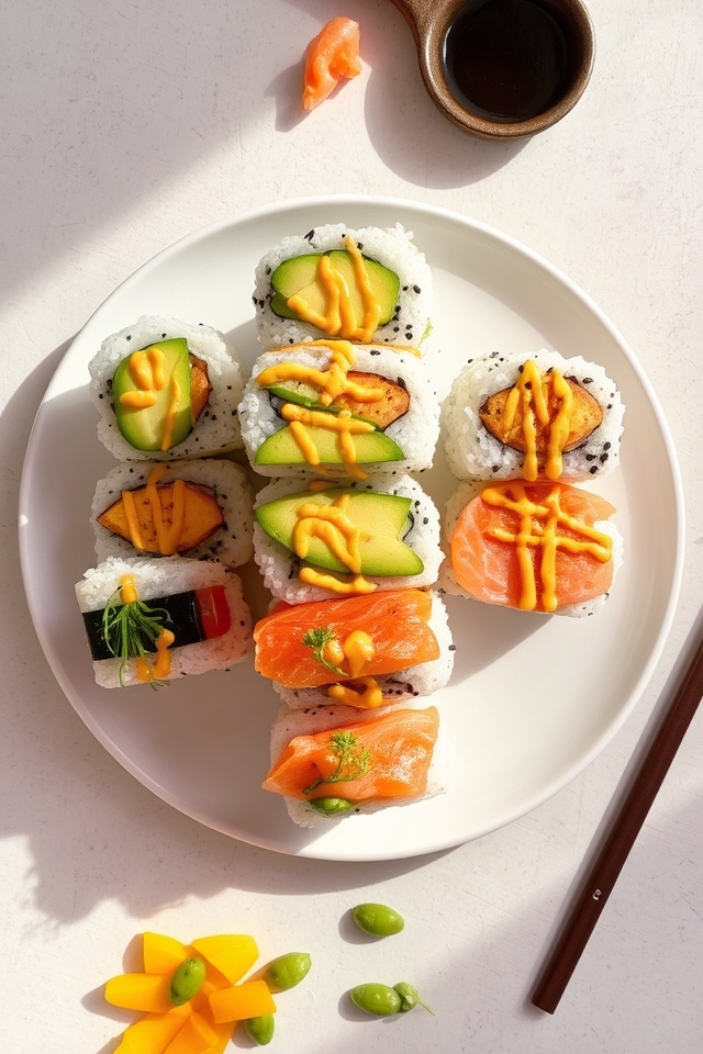 layered vibrant sushi stacks