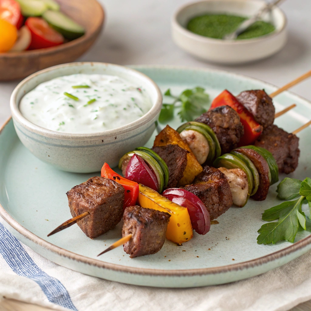 Brisket and Vegetable Kabobs With Tzatziki Sauce Recipe